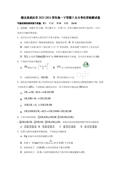 湖北省武汉市2023-2024学年高一下学期5月月考化学检测试卷(含答案)