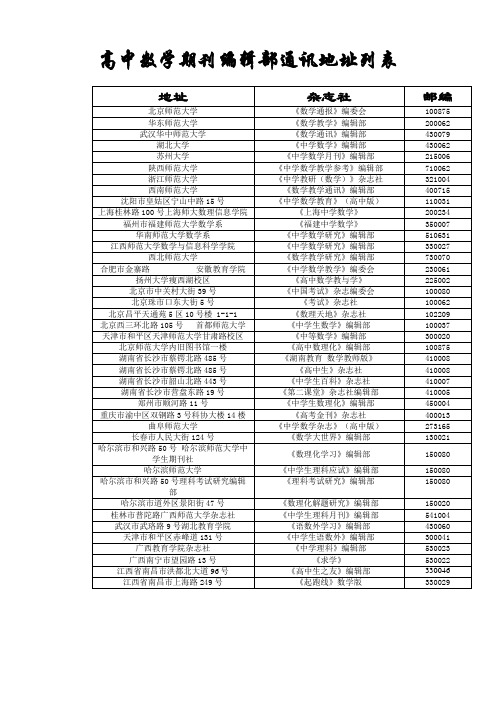 高中数学期刊编辑部通讯地址列表