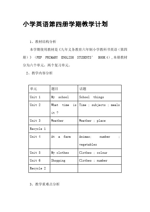 2014年pep新版四年级下册英语教案全册