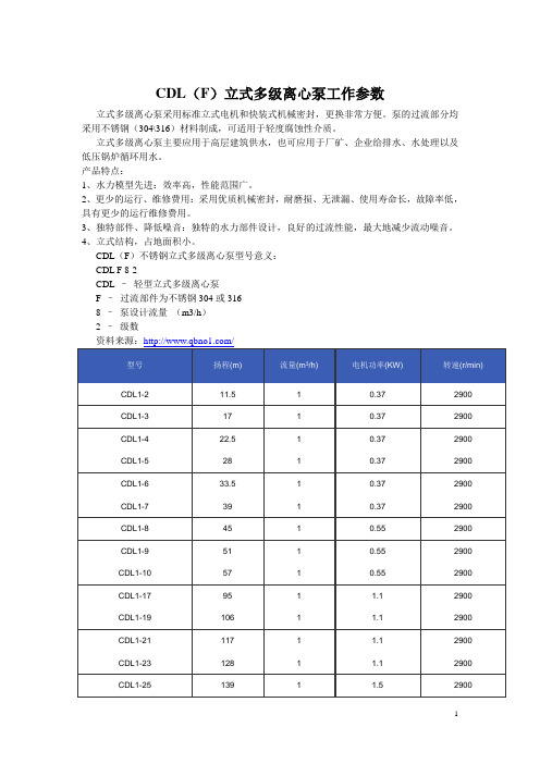 CDL立式多级离心泵工作参数