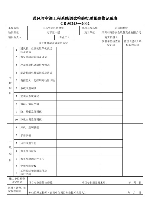 通风与空调工程系统调试检验批质量验收记录