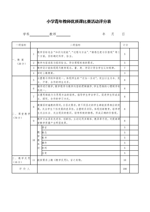 小学青年教师优质课比赛活动评分表