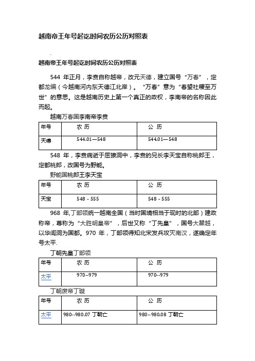 越南帝王年号起讫时间农历公历对照表