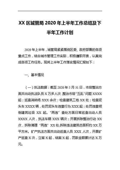 XX区城管局2020年上半年工作总结及下半年工作计划