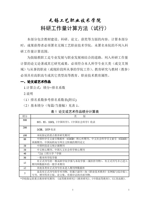 无锡工艺职业技术学院科研工作量计算方法