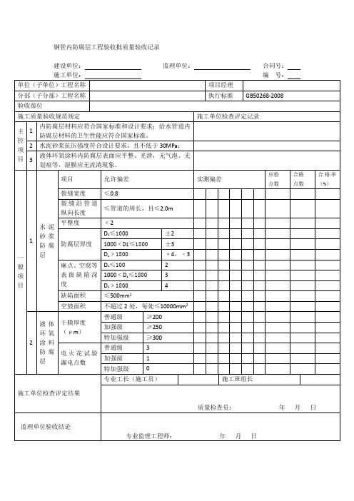 【工程文档】钢管内防腐层工程验收批质量验收记录