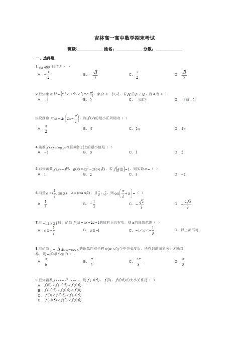 吉林高一高中数学期末考试带答案解析
