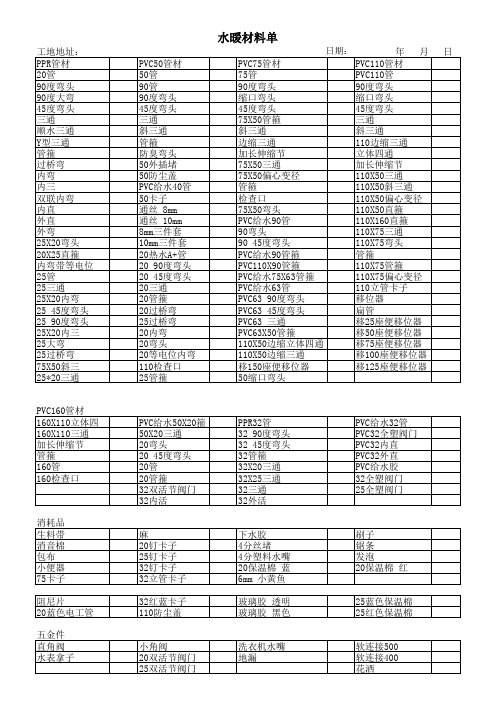 水暖材料单