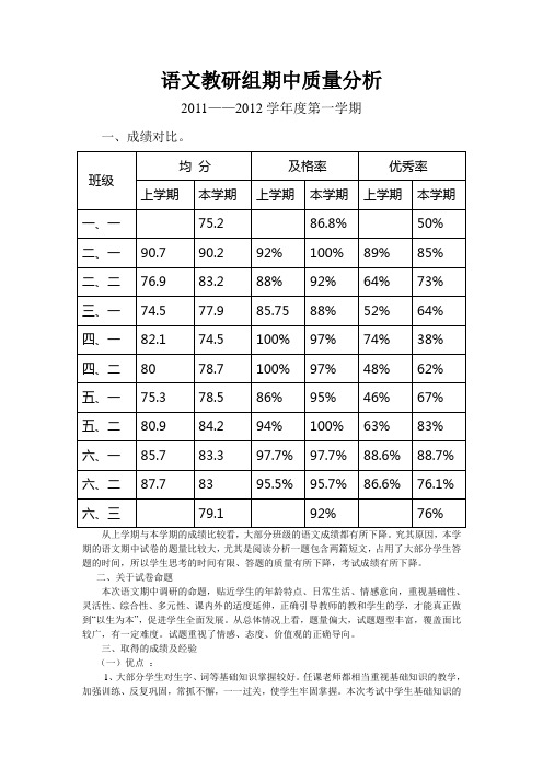 语文教研组期中质量分析2011——2012