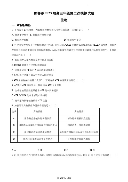 2023届河北省邯郸市高三二模生物试题及答案