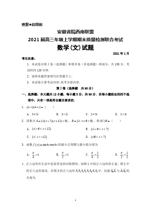 2021届安徽省皖西南联盟高三年级上学期期末联合考试数学(文)试题及答案解析