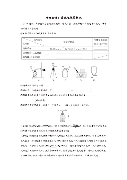 2018年中考化学真题分类汇编常见气体的制取含解析