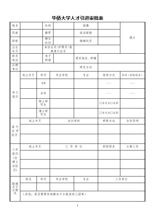 华侨大学人才引进审批表