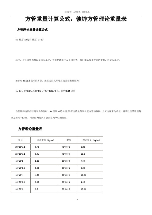 方管重量计算公式-镀锌方管理论重量表