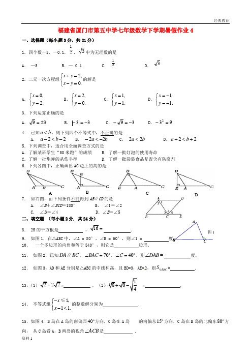 福建省厦门市第五中学七年级数学下学期暑假作业4 综合(无答案) 新人教版