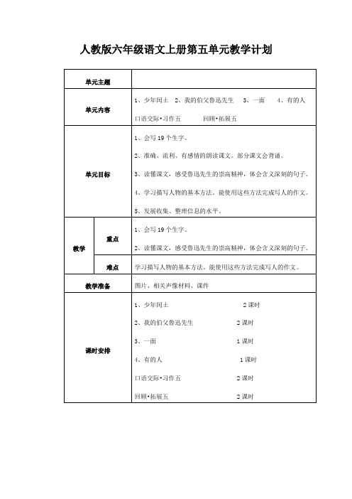 人教版六年级语文上册第五单元教学计划  