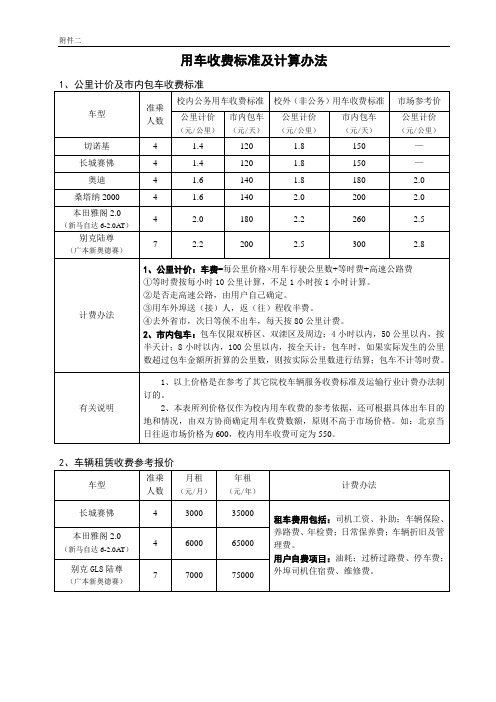 校内公务用车收费标准及计算办法