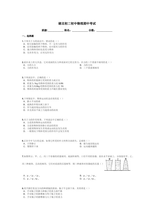 湖北初二初中物理期中考试带答案解析
