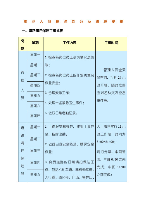 作业人员班次划分及路段安排