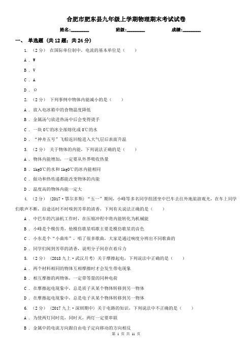 合肥市肥东县九年级上学期物理期末考试试卷