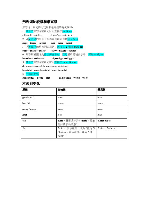 初中英语 形容词比较级和最高级规律和不规则变化(实用)