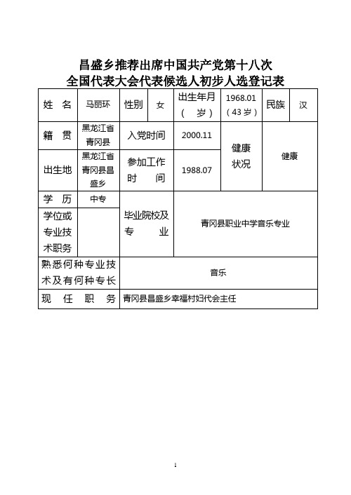 马丽环十八大代表初步人选登记表