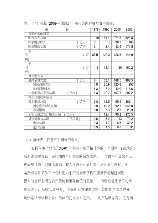 国民经济核算网上作业1(1)根据2009中国统计年鉴相关内容填写表中数据(推荐文档)