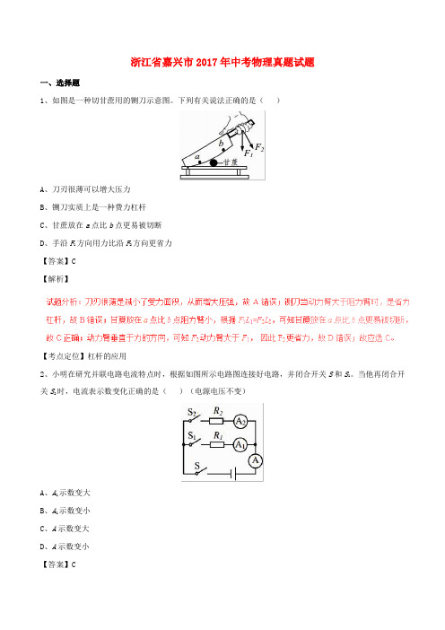 浙江省嘉兴市2017年中考物理真题试题(含解析)