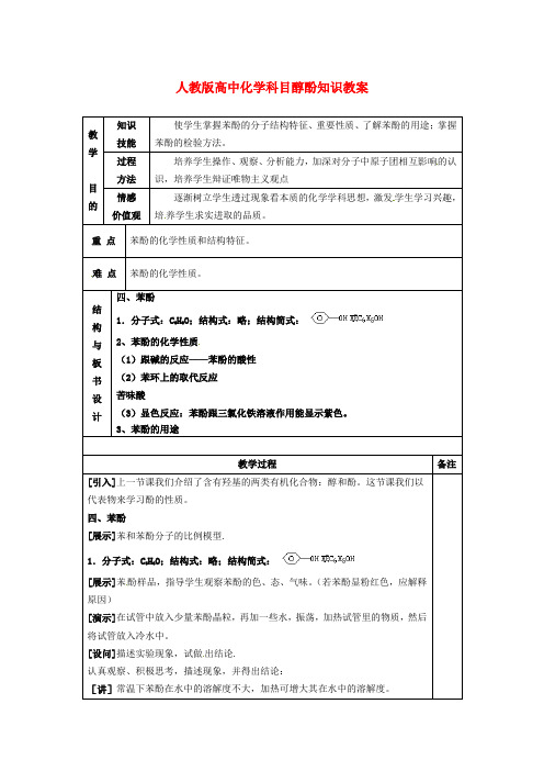 人教版高中化学科目醇酚知识教案