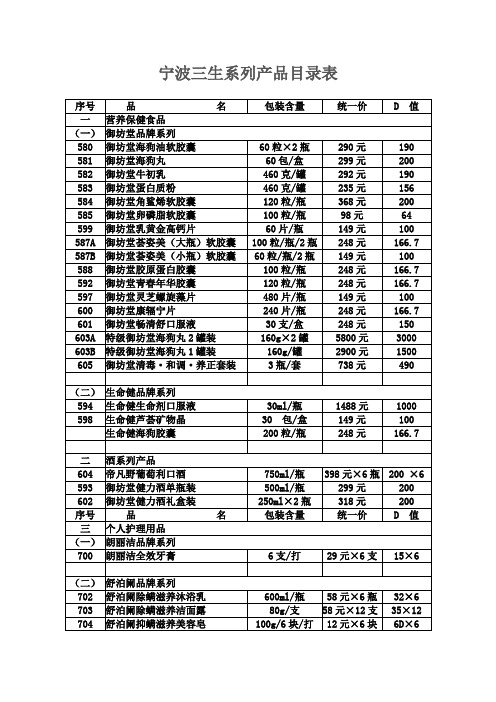 宁波三生系列产品目录表