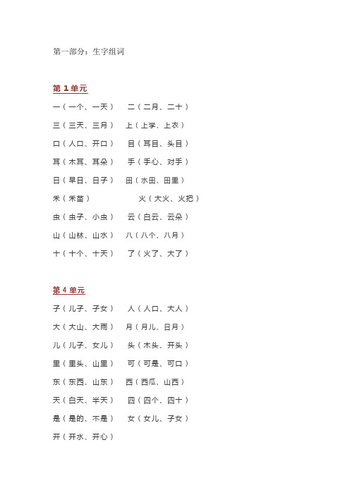 一年级上册语文写字表生字组词