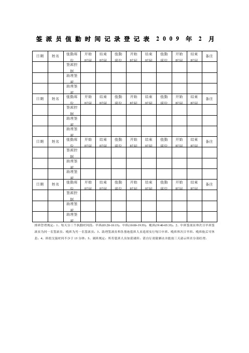 航空物流公司签派员值勤时间记录登记表新