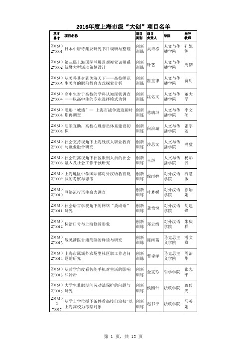 2016年度上海市级大创项目名单