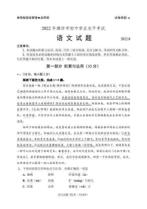 2022年山东省潍坊市中考语文试题(含答案解析)