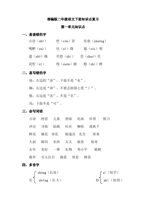 人教部编本小学二年级语文下册全册知识点复习(含期末总作总结)