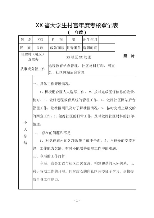 XX省大学生村官年度考核登记表