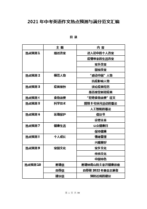 2021年中考英语作文热点预测与满分范文汇编(实用,必背!)