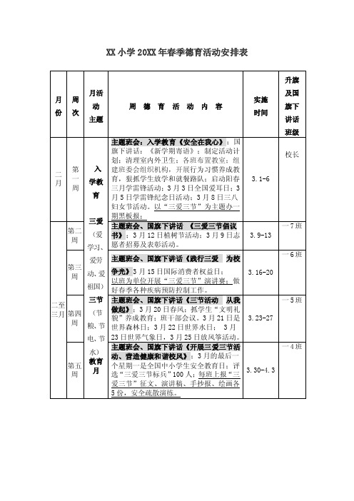 XX小学春季德育活动安排表