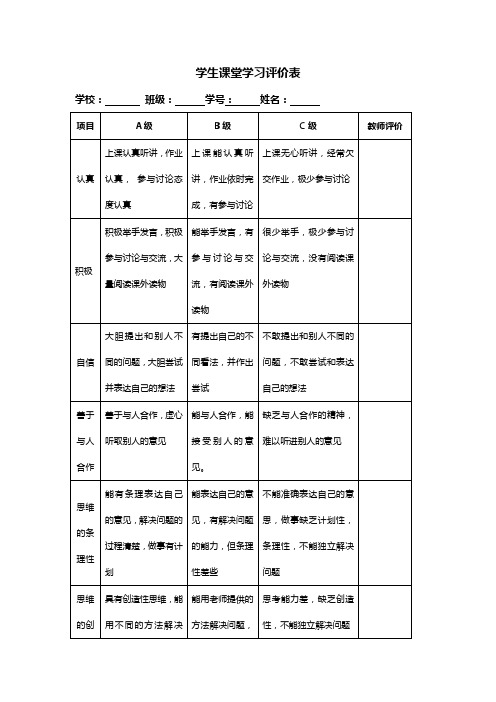 教师对学生课堂学习评价表