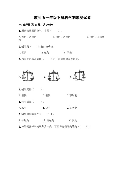 教科版一年级下册科学期末测试卷及参考答案(考试直接用)