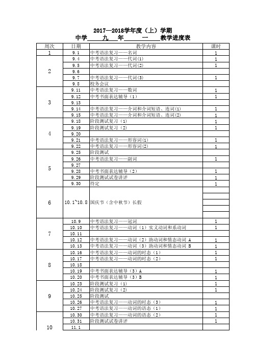 2017-2018上学期教学进度 九年 英语