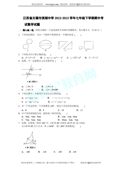 江苏省无锡市滨湖中学2012-2013学年七年级下学期期中考试数学试题