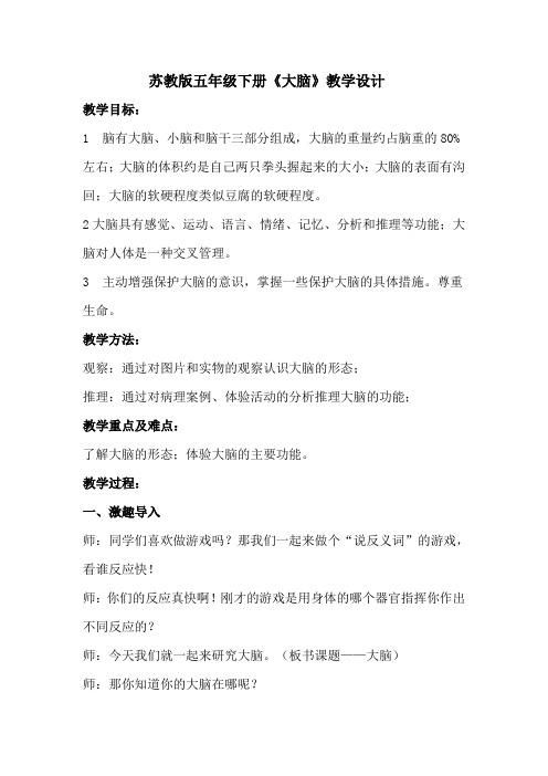 五年级科学下册教案-5.1 大脑1-苏教版