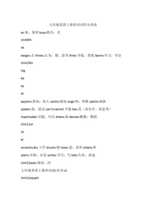 七年级英语上册单词词性分类表