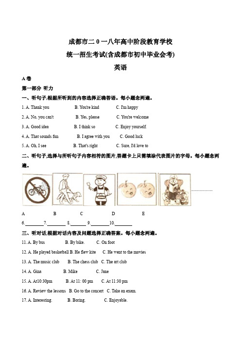 2018年四川省成都市中考英语试题(原卷版)