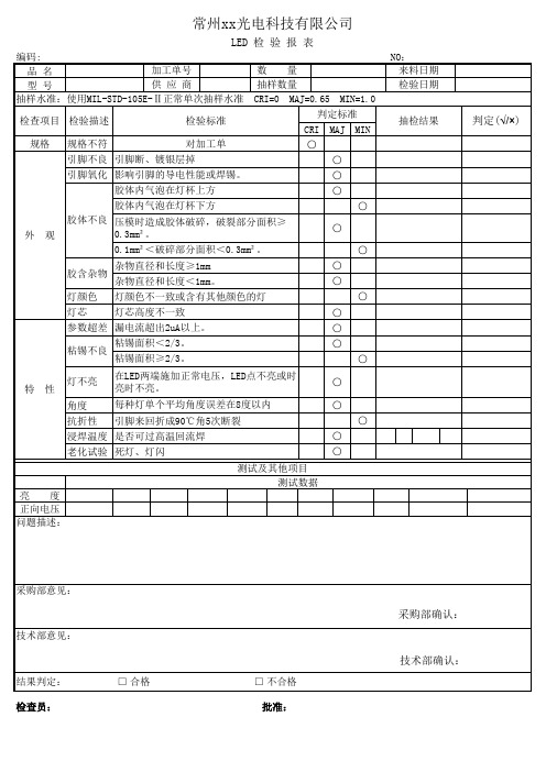 LED灯 检验报表