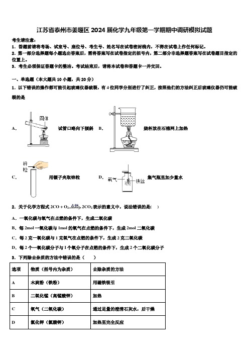 江苏省泰州市姜堰区2024届化学九年级第一学期期中调研模拟试题含解析