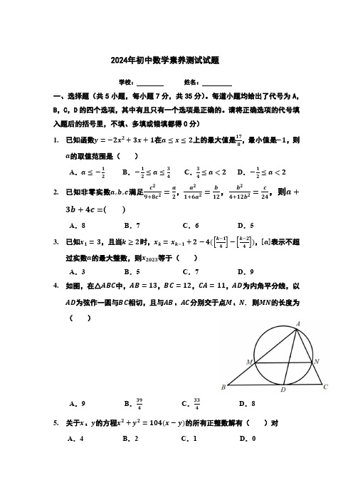 2024年初中数学素养测试试题