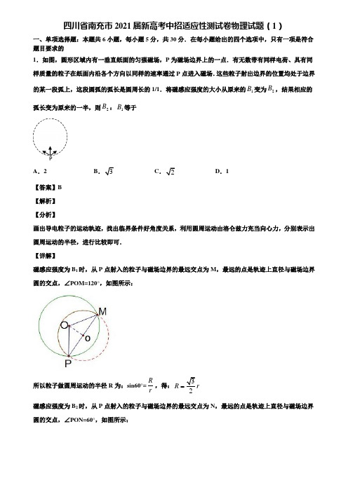 四川省南充市2021届新高考中招适应性测试卷物理试题(1)含解析