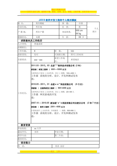 JAVA软件开发工程师个人简历模板